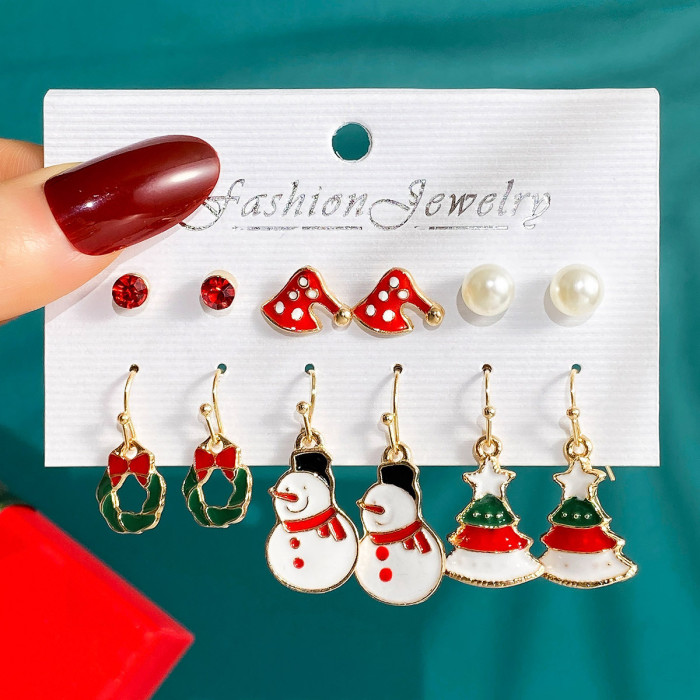 Christmas Series Snowflake Bell Earrings Combination Suit Foreign Trade Hot Selling Cartoon Dripping Elk Elderly Earrings for Women