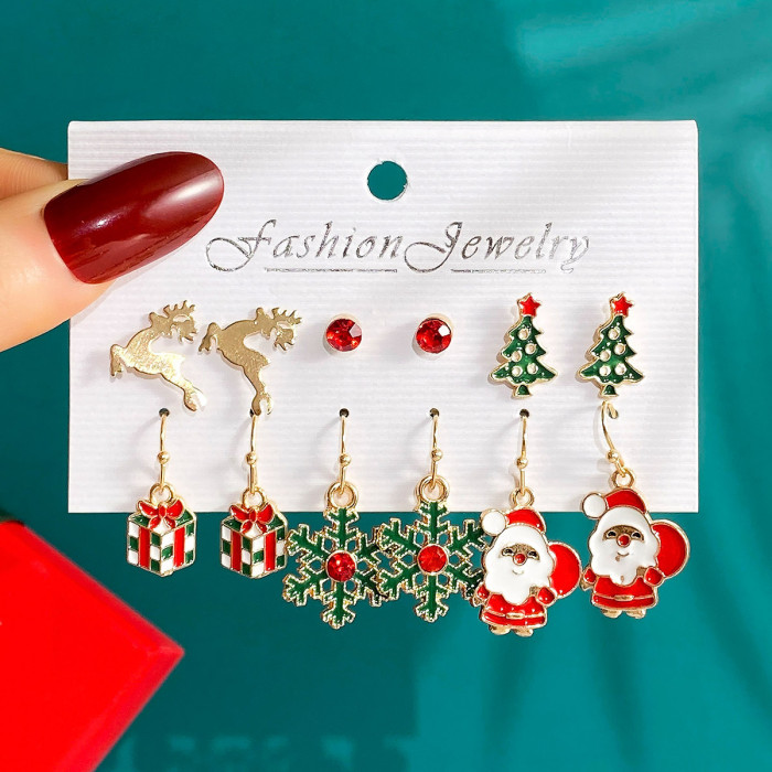 Christmas Series Snowflake Bell Earrings Combination Suit Foreign Trade Hot Selling Cartoon Dripping Elk Elderly Earrings for Women