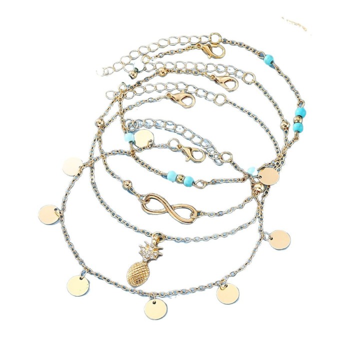 Retro Style Green Turquoise Chain Anklet 5-Piece Simple Versatile Metal Pineapple Anklet Set for Women, Necklaces