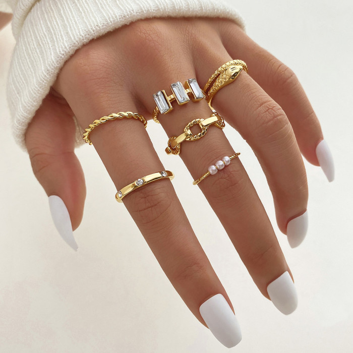 Cross-Border Hot Selling Diamond-Studded Eye Cross Leaf Ring Multi-Joint 23-Piece Set Pearl Sun Moon Ring