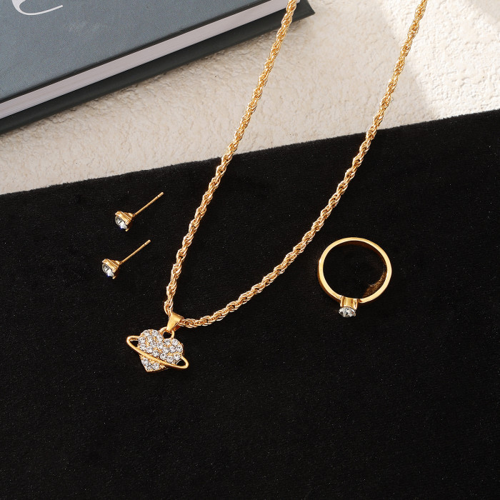 New Fashion Versatile Stone-Studded Heart Necklace Stone Earrings Ring Bridal Jewelry Set Four Pieces