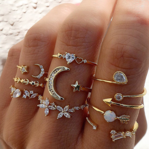 Cross-Border Star Moon Ring Inlaid with Diamonds Heart Leaf 10-Piece Ring Set for Women Light Luxury High-End Alloy Joint Ring