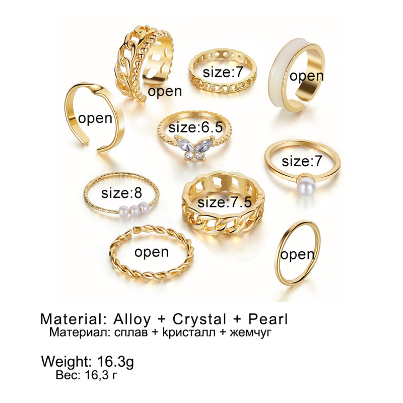 European and American New Retro Inlaid Pearl Chain Ring Butterfly Open Ring Ins Style Ring Set 10-Piece Set