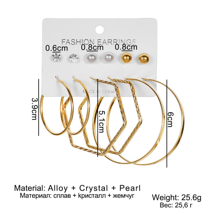 New Metal Hoop Earrings Set 6 Pieces Vintage Pearl Diamond Hoop Earrings European and American High-end Earrings with a Sense of Sophistication