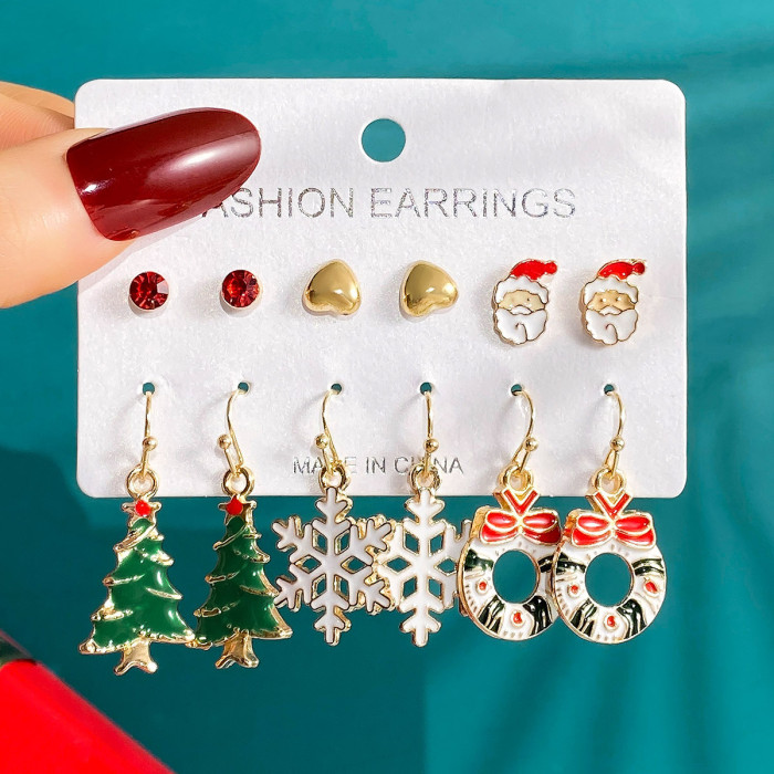 Christmas Series Snowflake Bell Earrings Set Cross-Border Cartoon Oil Drop Reindeer Santa Claus Christmas Earrings