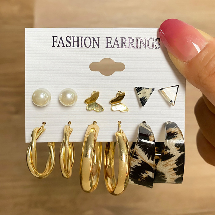 Cross-Border New Vintage C-Shaped Earrings Set 6 Pairs Creative Personality Oil Drop Leopard Print Earrings Heart Butterfly Earrings