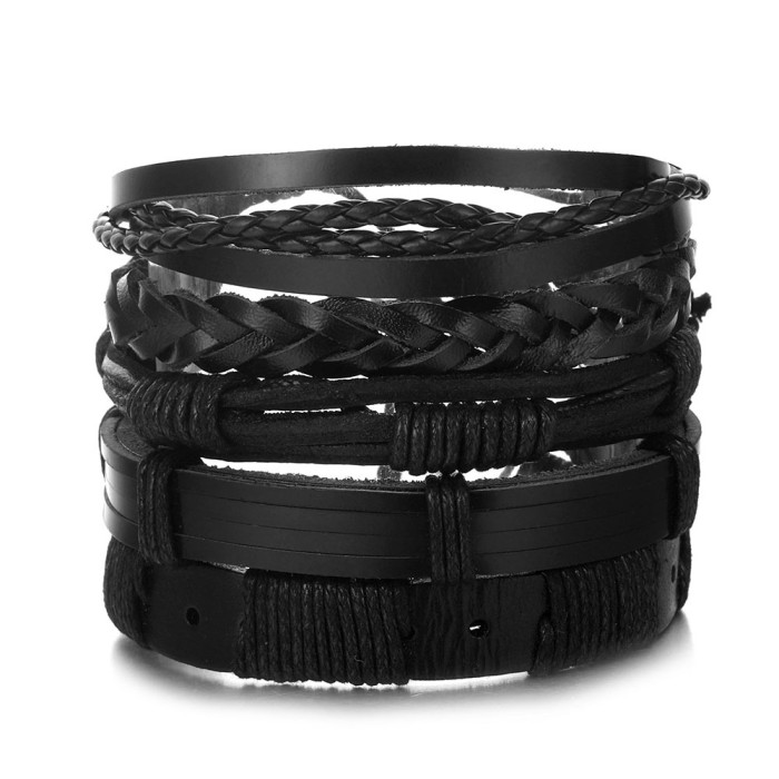 Vintage Bead Bracelet Men's Fashion Hollow Triangle Leather Bracelet and Bangle Multi-layer Wide Wrapped Jewelry