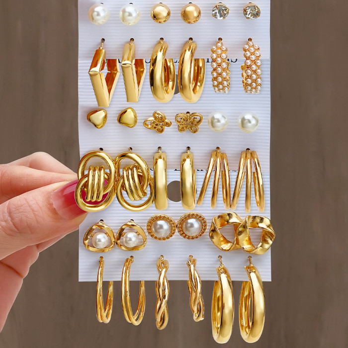 Alloy Cross-Border New Geometric Circle Pearl Women's Earrings Set Pearl Butterfly Exaggerated Twisted Earrings 6 Pairs Set