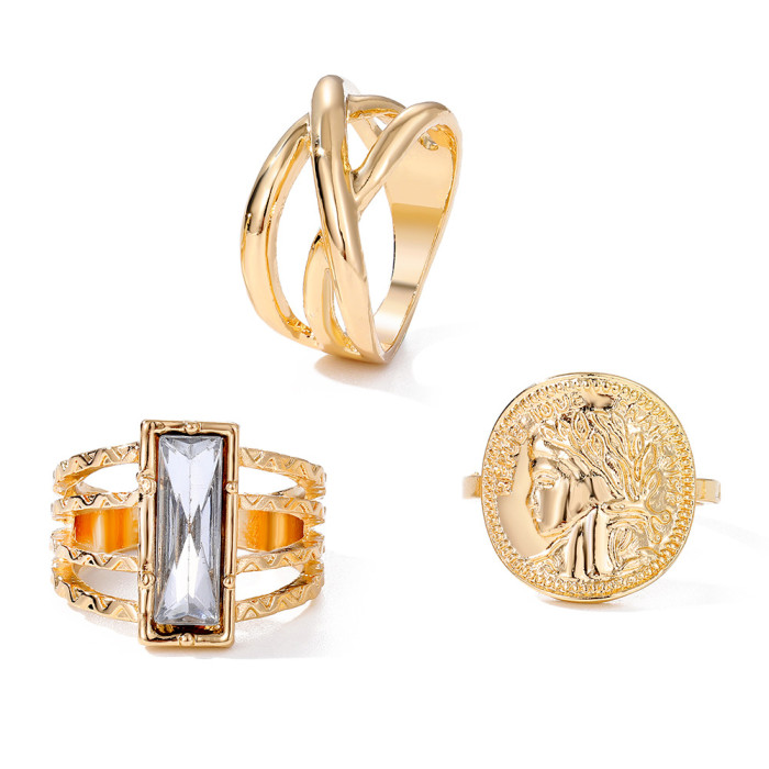 Cross-Border Hot-Selling Ring Fashion White Oil Drop Open Adjustable Inlaid Diamond Hollow Relief Portrait Combination 13-Piece Set
