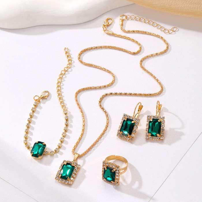 European and American New Style Square Diamond Jewelry Set Fashion Colorful Rhinestone Necklace Earrings Ring Bracelet Set Bridal Accessories
