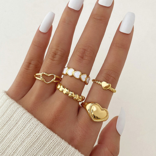 Cross-Border New Heart Oil Drop Knuckle Ring 5-Piece Set Combination Niche Personality Geometric Metal Gold Ring for Women