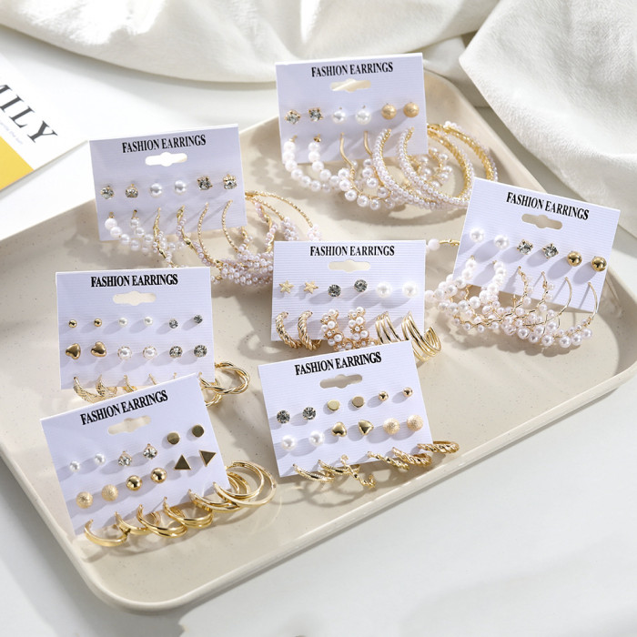 Korean Jewelry Cross-Border Large Hoop Earrings White Pearl Earring Set 6-Piece Set Geometric Star Rhinestone Metal Earrings