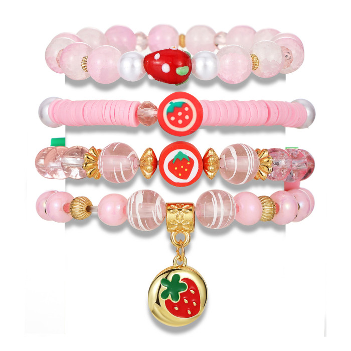 Strawberry Pendant Soft Clay Beaded Hand Jewelry Fashion Versatile Cute Pink Multi-Layer Bracelet 24-Piece Set, Jewel...
