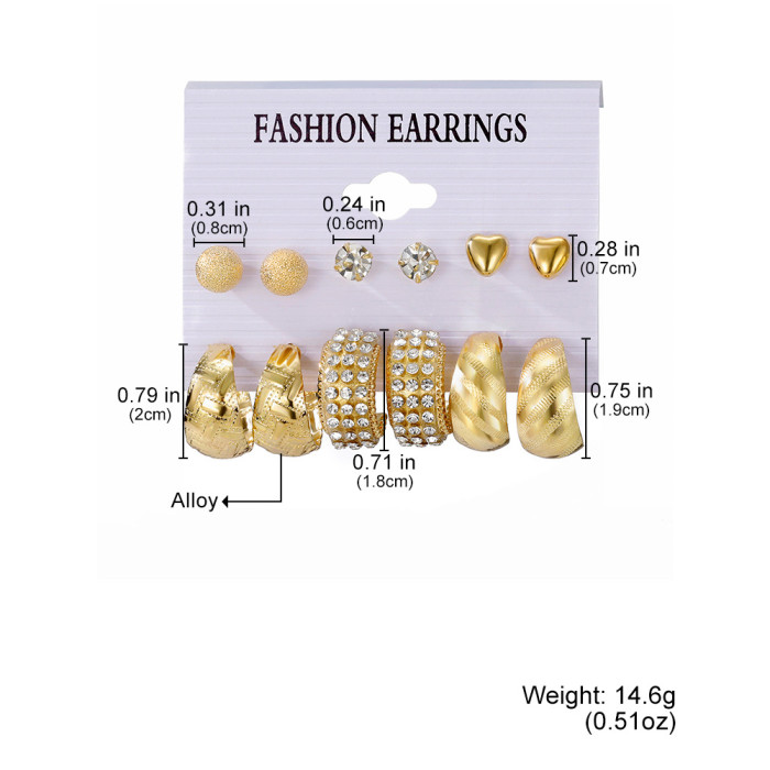 European and American Cross-Border Artistic Retro Geometric Hammered Pattern Earrings 6-Piece Set Creative Heart-Shaped Diamond-Studded Stud Earrings Metal Earrings