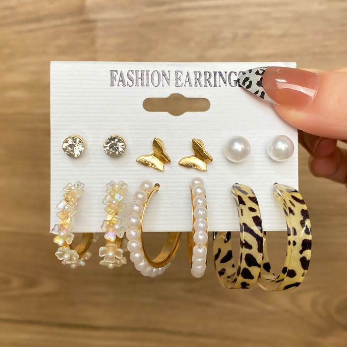 Cross-Border New Vintage C-Shaped Earrings Set 6 Pairs Creative Personality Oil Drop Leopard Print Earrings Heart Butterfly Earrings