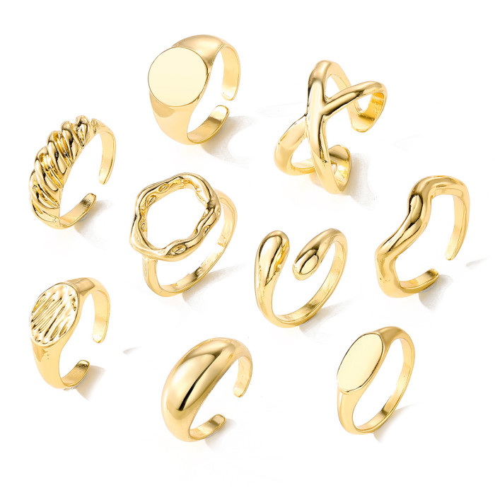 European and American Cross-Border Geometric KC Gold Electroplated Alloy Material Round Ring 9-Piece Set Irregular Smooth Open Ring