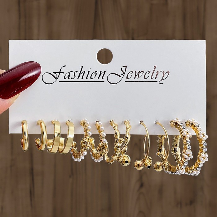 European and American Cross-Border Artistic Retro Geometric Hammered Pattern Earrings 6-Piece Set Creative Heart-Shaped Diamond-Studded Stud Earrings Metal Earrings