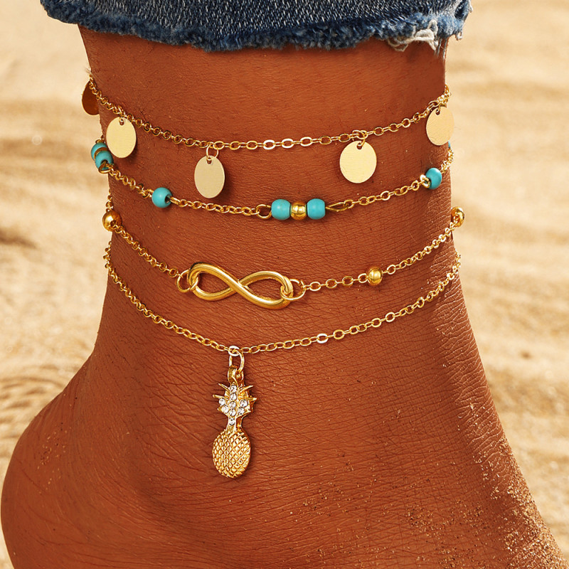 European and American Cross-Border Retro Style Green Turquoise Chain Anklet 5-Piece Simple Versatile Metal Pineapple Anklet Set for Women