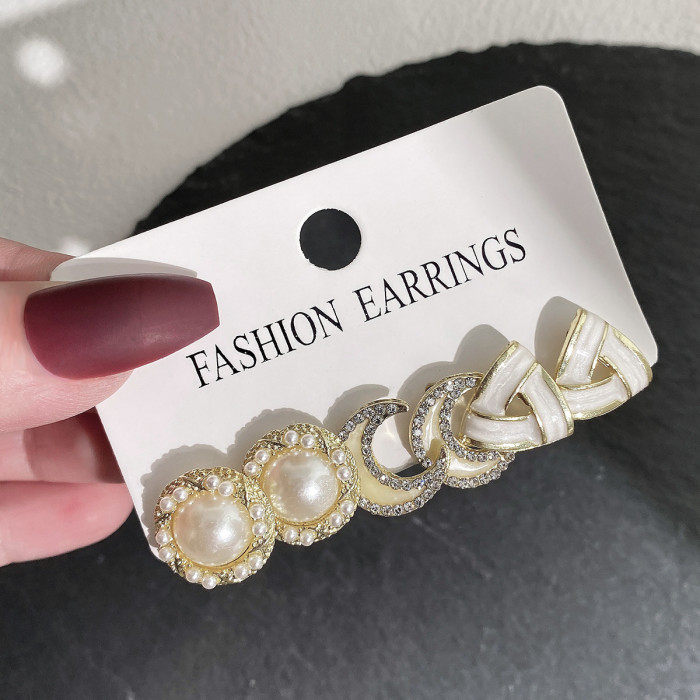 INS Bowknot Fish Tail Pearl Moon Earrings with Diamonds Fashionable Elegant Earring Set 3-Piece Set Wholesale, Jewelr...