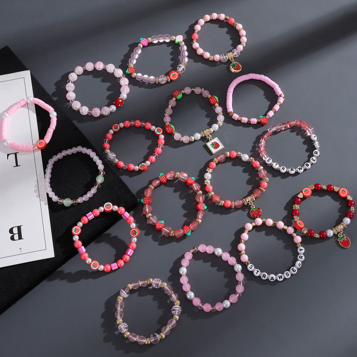 Strawberry Pendant Soft Clay Beaded Hand Jewelry Fashion Versatile Cute Pink Multi-Layer Bracelet 24-Piece Set, Jewel...