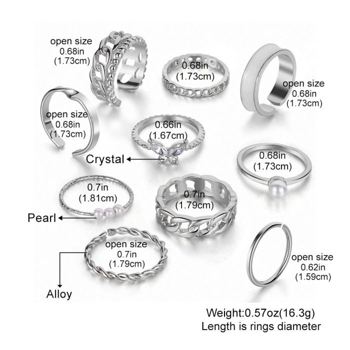 Cross-Border Hot-Selling Pearl Ring Fashionable Personality Butterfly Combination Ten-Piece Set Open Double Layer Chain Ring Wholesale