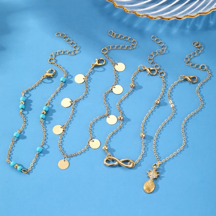 Retro Style Green Turquoise Chain Anklet 5-Piece Simple Versatile Metal Pineapple Anklet Set for Women, Necklaces