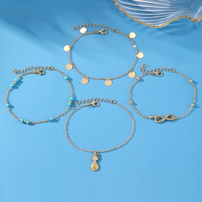 Retro Style Green Turquoise Chain Anklet 5-Piece Simple Versatile Metal Pineapple Anklet Set for Women, Necklaces