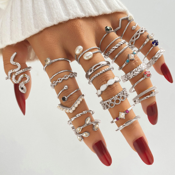New Simple Colorful Gemstone Ring Artistic Retro Butterfly Snake-Shaped Ring 30-Piece Set Combination