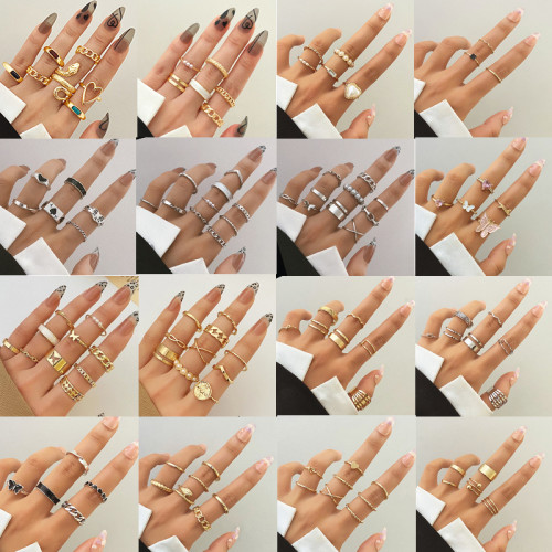 European and American Joint Rings AliExpress Wish Retro Ethnic Style Exaggerated Gemstone Combination Set Rings