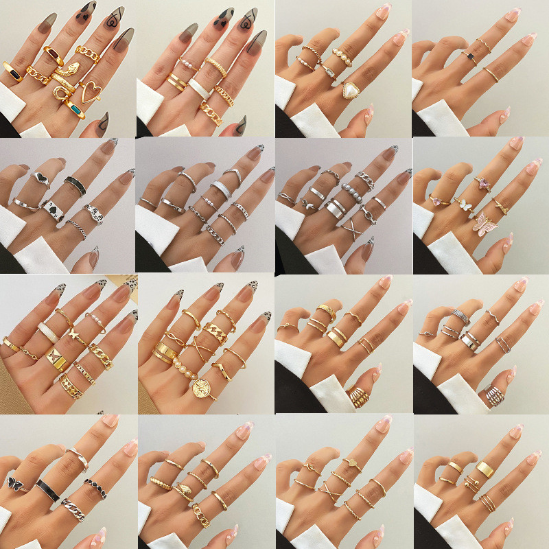 European and American Joint Rings AliExpress Wish Retro Ethnic Style Exaggerated Gemstone Combination Set Rings