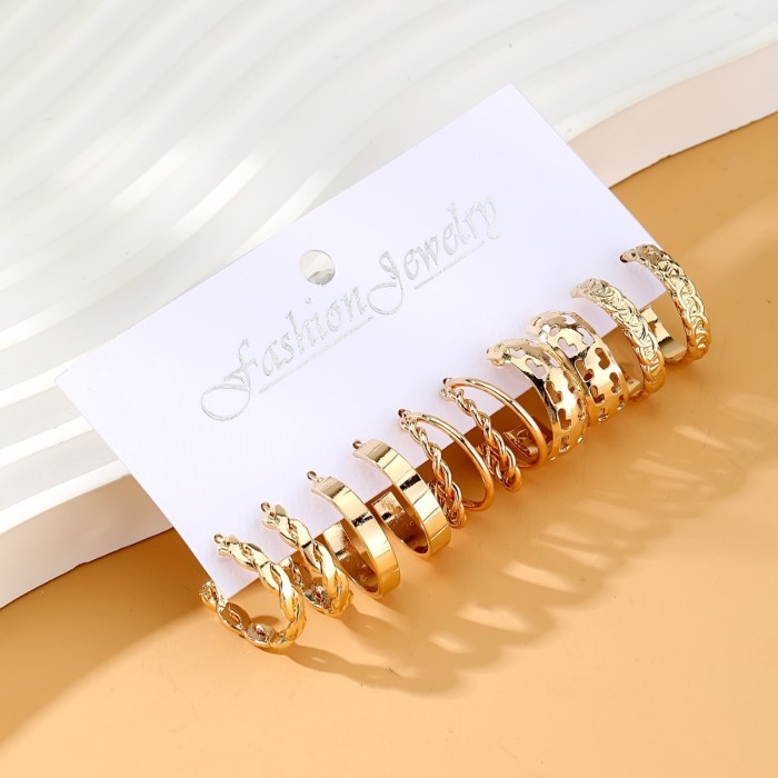 European and American Cross-Border New Style Inlaid Pearl Women's Earrings Creative French Retro Gold Hoop Earrings Set of 6 Pieces