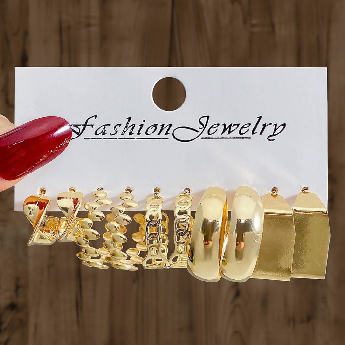 European and American Cross-Border Artistic Retro Geometric Hammered Pattern Earrings 6-Piece Set Creative Heart-Shaped Diamond-Studded Stud Earrings Metal Earrings