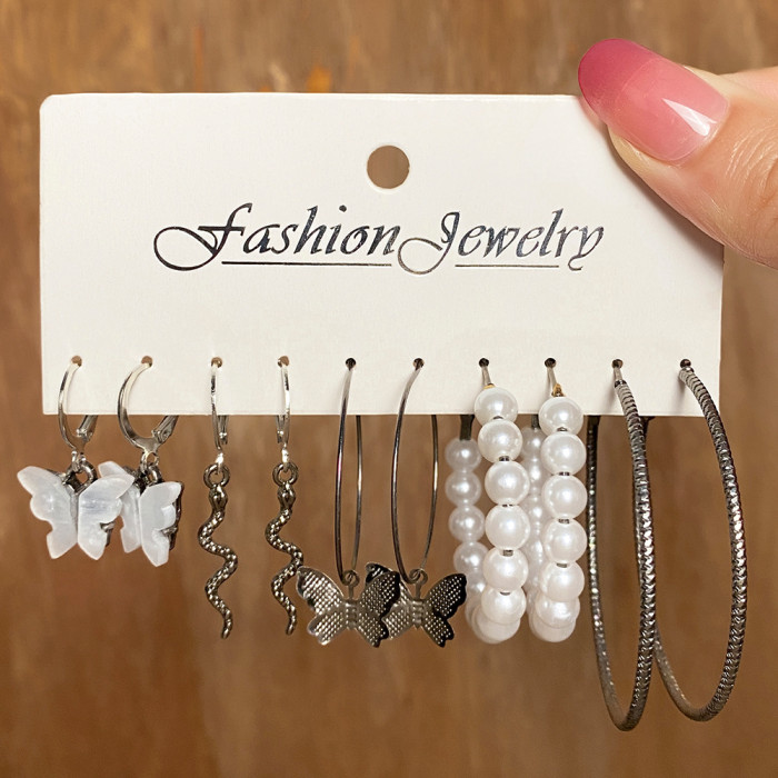European and American Cross-Border Inlaid Pearl Women's Card Earrings Creative French Retro Gold Hoop Earrings Set of 6