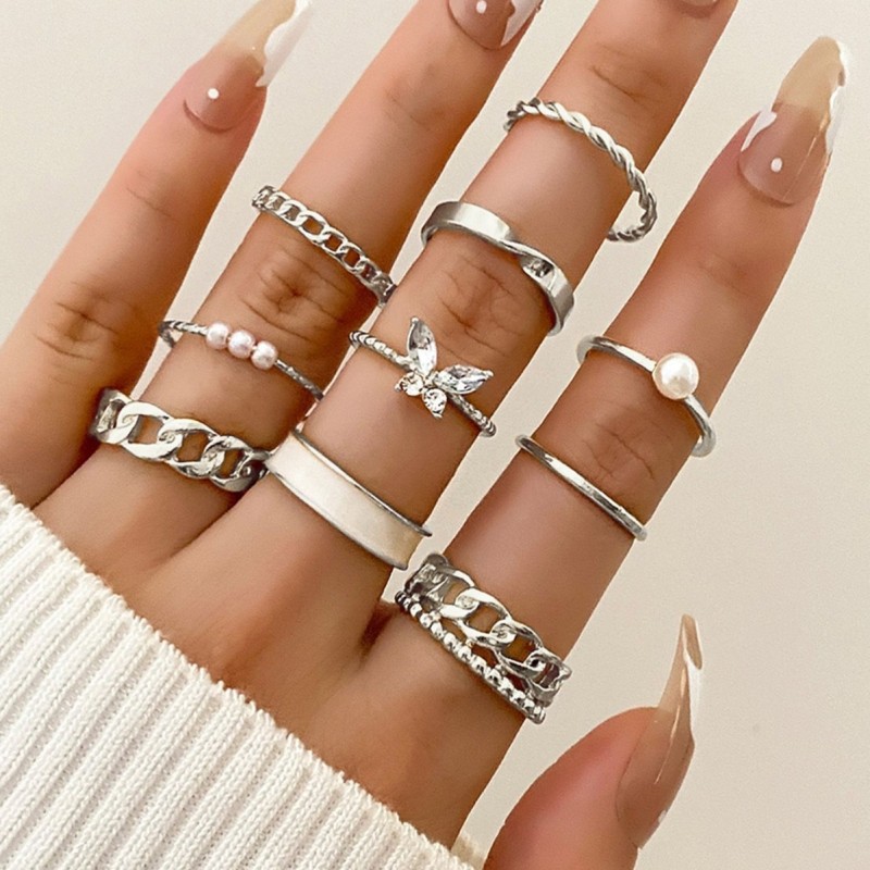 Cross-Border Hot-Selling Pearl Ring Fashionable Personality Butterfly Combination Ten-Piece Set Open Double Layer Chain Ring Wholesale