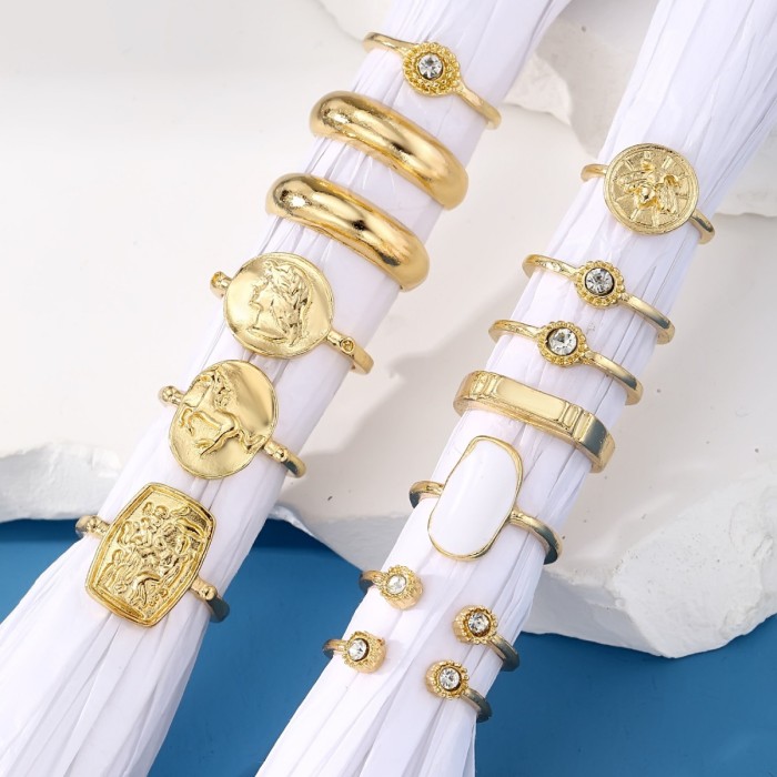 Cross-Border Hot-Selling Ring Fashion White Oil Drop Open Adjustable Inlaid Diamond Hollow Relief Portrait Combination 13-Piece Set