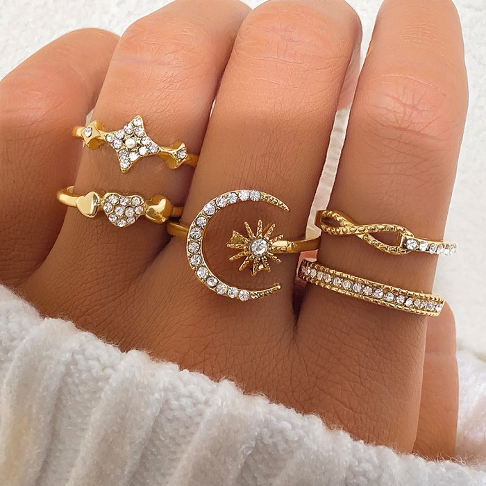 European and American Cross-Border New Style Ring Set Personality 5-Piece Heart 8-Shape Star Moon Diamond-Inlaid Combination Ring Set for Women