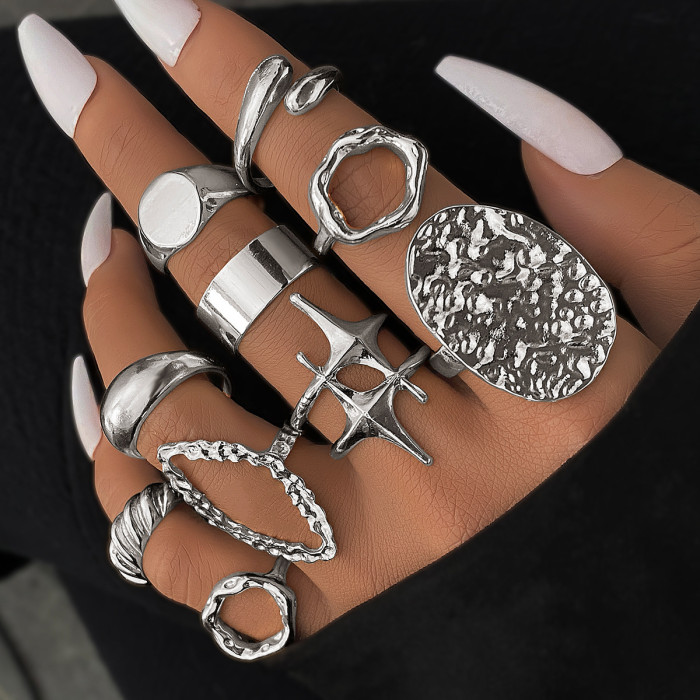 European and American Cross-Border Geometric Metal Style Lava Line Rings 10-Piece Set Personality Exaggerated Open Rings Set for Women