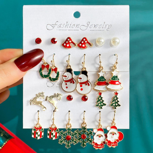Christmas Series Snowflake Bell Earrings Set Cross-Border Cartoon Oil Drop Reindeer Santa Claus Christmas Earrings