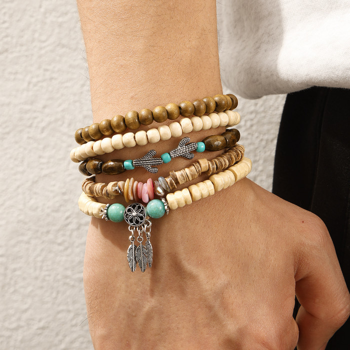 New Wooden Bead Alloy Leaf Cactus Bracelet Set Simple Retro Handmade Beaded Five-Piece Bracelet Set