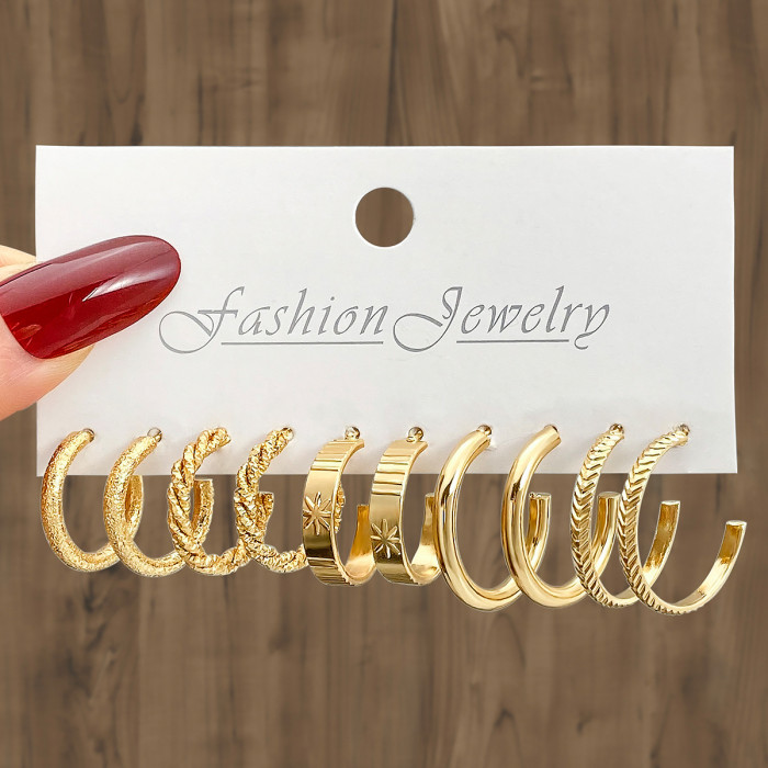 Cross-Border Hot Selling Simple Large Circle Metal Irregular Circle Earrings Set Creative Personality Earrings 8-Piece Set Ear Jewelry
