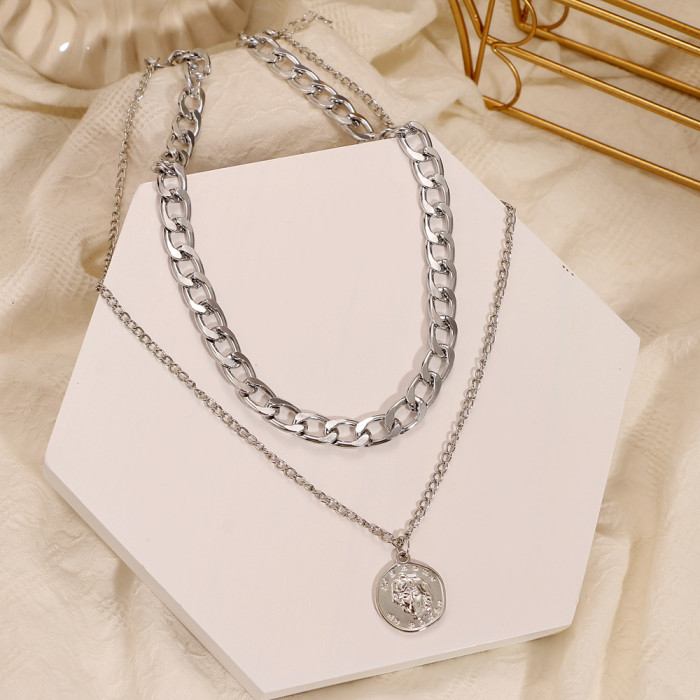 Korean Jewelry Retro Round Ring Bronze Bead Multi-Layer Geometric Hexagon Circle Arrow Necklace