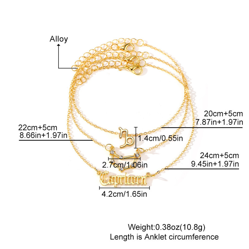 European and American 12 Zodiac Alloy Anklet for Women, Multi-layer Twelve Constellations Gold Inlaid Diamond Foot Jewelry 3-piece Set, High-end Accessories