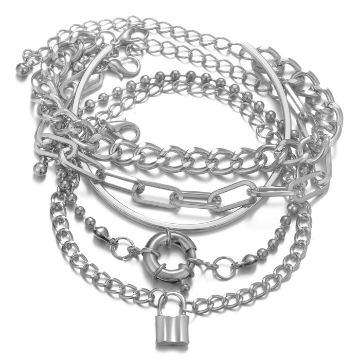 Geometric Round Buckle Bracelet 4-Piece Set Punk Style Hip-Hop Alloy Chain Bracelet Set HZS2188, Jewelry Sets