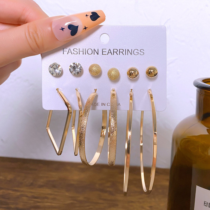 New Metal Hoop Earrings Set 6 Pieces Vintage Pearl Diamond Hoop Earrings European and American High-end Earrings with a Sense of Sophistication