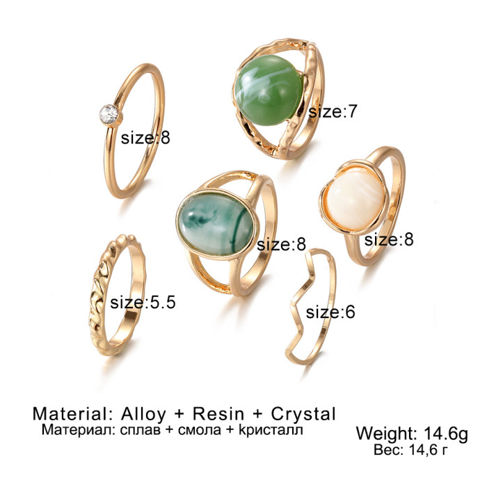 Cross-Border Geometric Imitation Green Jade Stone Joint Ring 6-Piece Set Rings for Women Design Sense Niche Minimalist Diamond-Studded Rings Wholesale