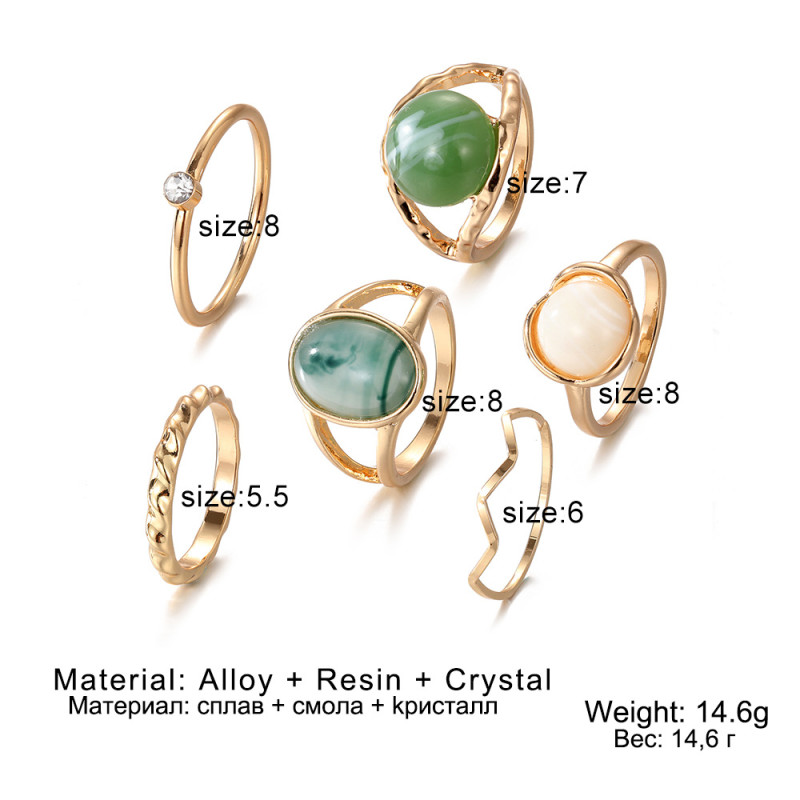 Cross-Border Geometric Imitation Green Jade Stone Joint Ring 6-Piece Set Rings for Women Design Sense Niche Minimalist Diamond-Studded Rings Wholesale