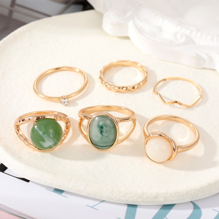 Cross-Border Geometric Imitation Green Jade Stone Joint Ring 6-Piece Set Rings for Women Design Sense Niche Minimalist Diamond-Studded Rings Wholesale