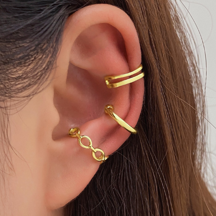 Five-Piece Set Rhinestone Butterfly Hollow Non-Pierced Cartilage Earrings Fashion Star and Moon Integrated Chain Ear...