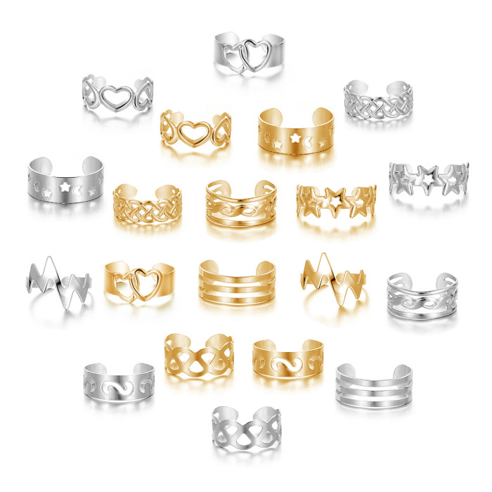 Alloy Star Moon Open Toe Rings 10-Piece Set Vintage Snake Shape Geometric Hollow Adjustable Beach Toe Rings