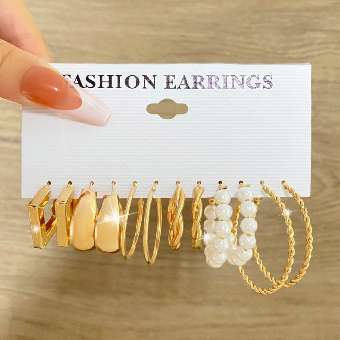 European and American Style Metal Hoop Earrings Square Geometric Earrings Vintage Pearl Earrings Hepburn Style Earring Set 5-Piece Set